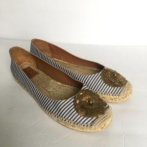Tory Burch Flower Blue Striped Espadrille Flats